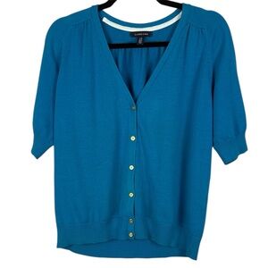 Lands' End Cotton Classic Blue V-Neck Button Front Short Sleeve Large Cardigan